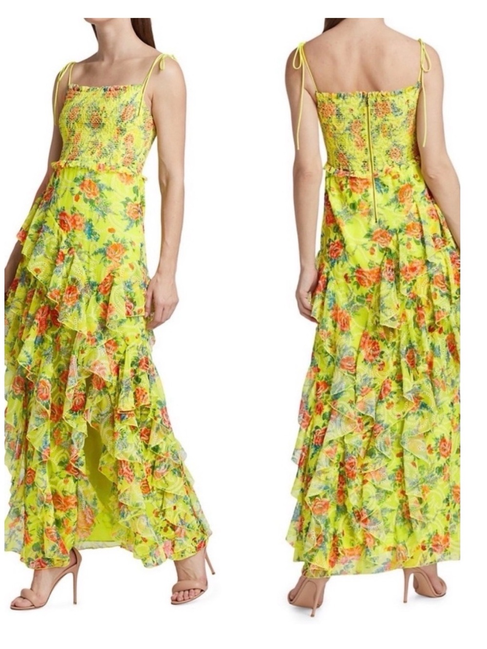 Alice + Olivia Yellow Floral Tie-Shoulder Tiered Maxi Dress